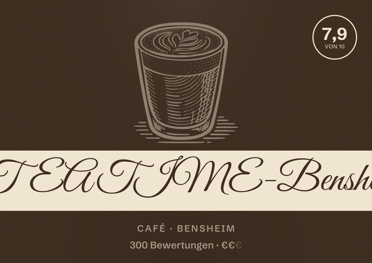 Illustriertes Poster von TEATIME-Bensheim, Café in Bensheim: Bewertung 7,9 von 10 aus 300 Bewertungen, Preisniveau €€
