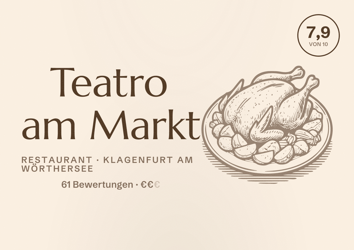 Illustriertes Poster von Teatro am Markt, Restaurant in Klagenfurt am Wörthersee: Bewertung 7,9 von 10 aus 61 Bewertungen, Preisniveau €€