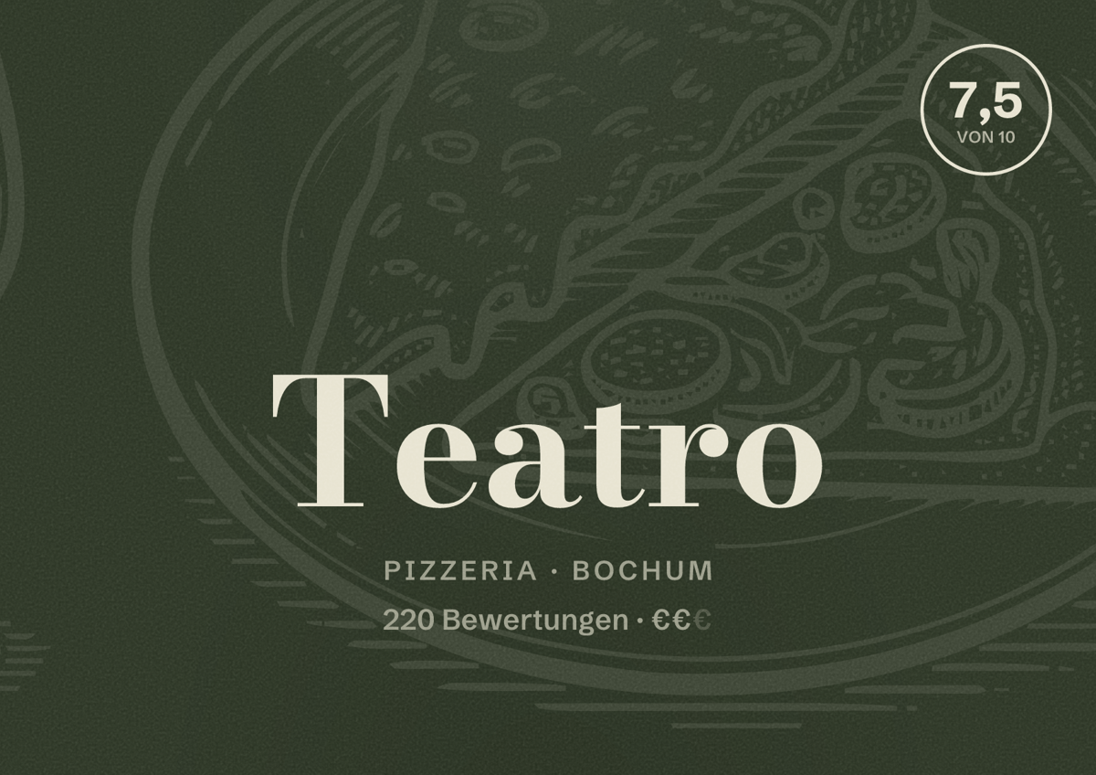 Illustriertes Poster von Teatro, Pizzeria in Bochum: Bewertung 7,5 von 10 aus 220 Bewertungen, Preisniveau €€