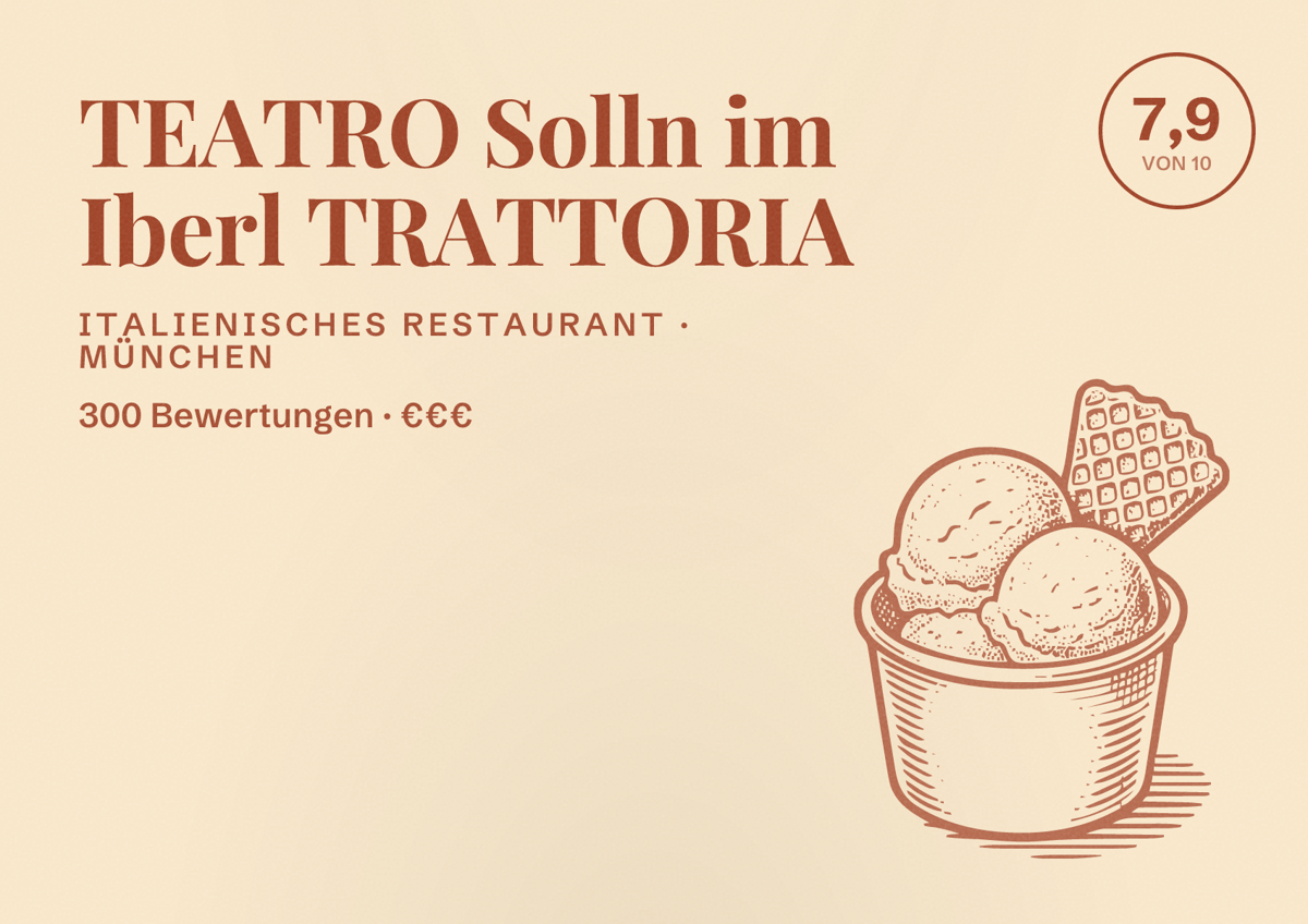 Illustriertes Poster von TEATRO Solln im Iberl TRATTORIA, Italienisches Restaurant in München: Bewertung 7,9 von 10 aus 300 Bewertungen, Preisniveau €€€