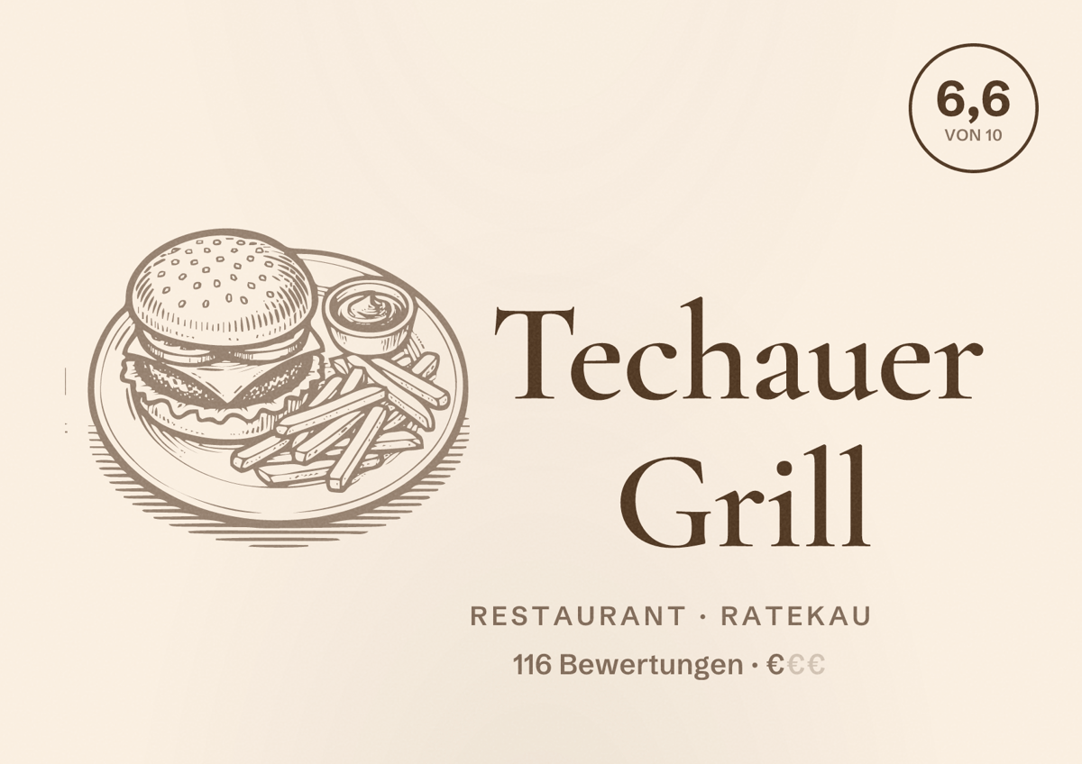 Illustriertes Poster von Techauer Grill, Restaurant in Ratekau: Bewertung 6,6 von 10 aus 116 Bewertungen, Preisniveau €