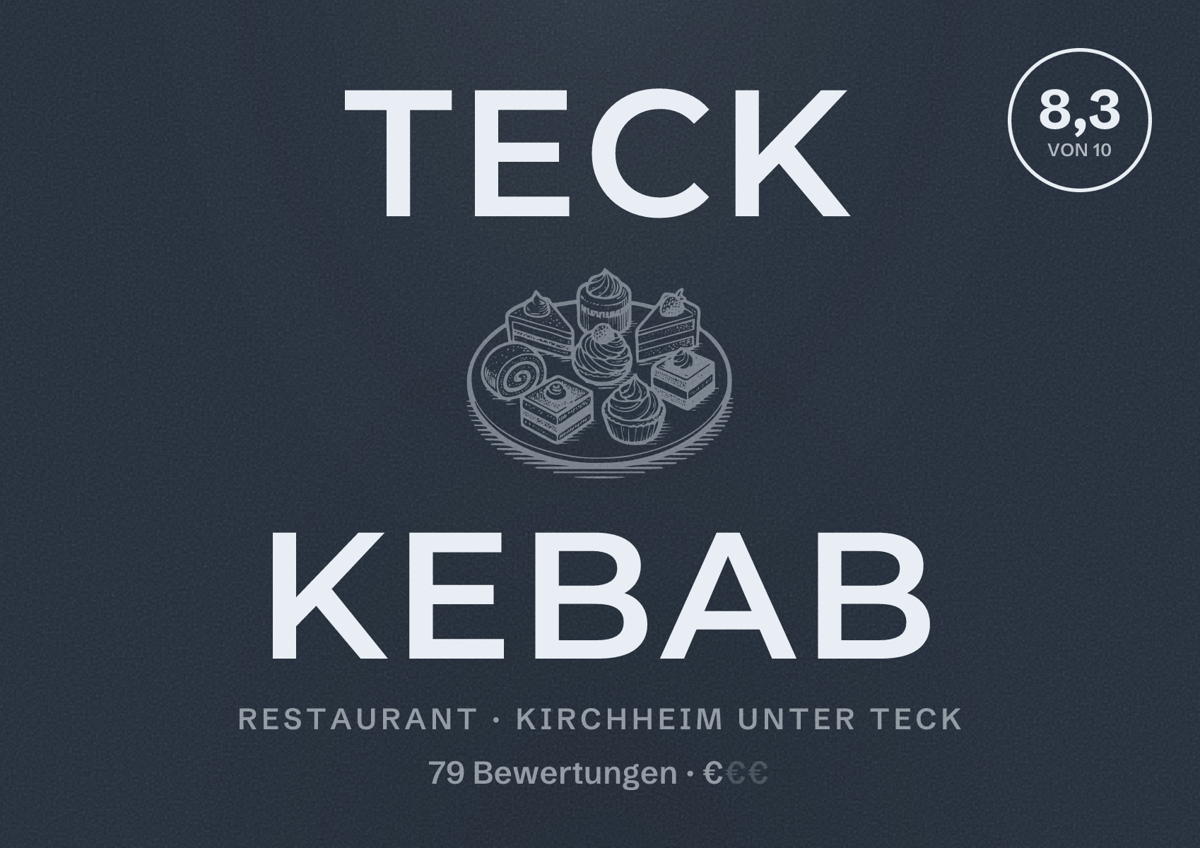 Illustriertes Poster von Teck Kebab, Restaurant in Kirchheim unter Teck: Bewertung 8,3 von 10 aus 79 Bewertungen, Preisniveau €
