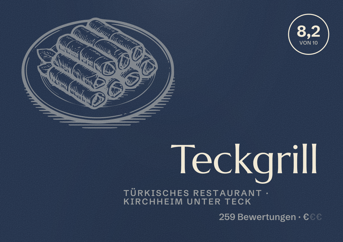 Illustriertes Poster von Teckgrill, Türkisches Restaurant in Kirchheim unter Teck: Bewertung 8,2 von 10 aus 259 Bewertungen, Preisniveau €