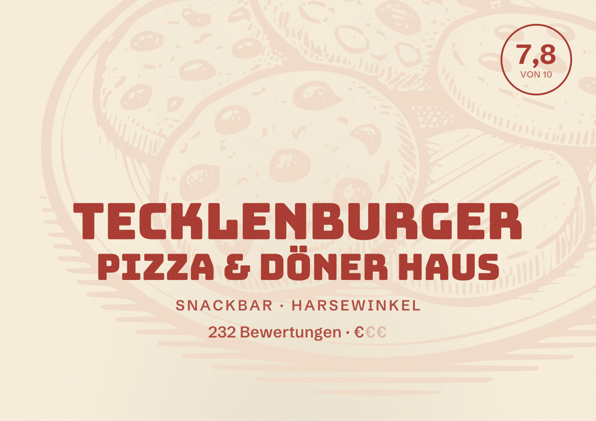 Illustriertes Poster von Tecklenburger Pizza & Döner Haus, Snackbar in Harsewinkel: Bewertung 7,8 von 10 aus 232 Bewertungen, Preisniveau €