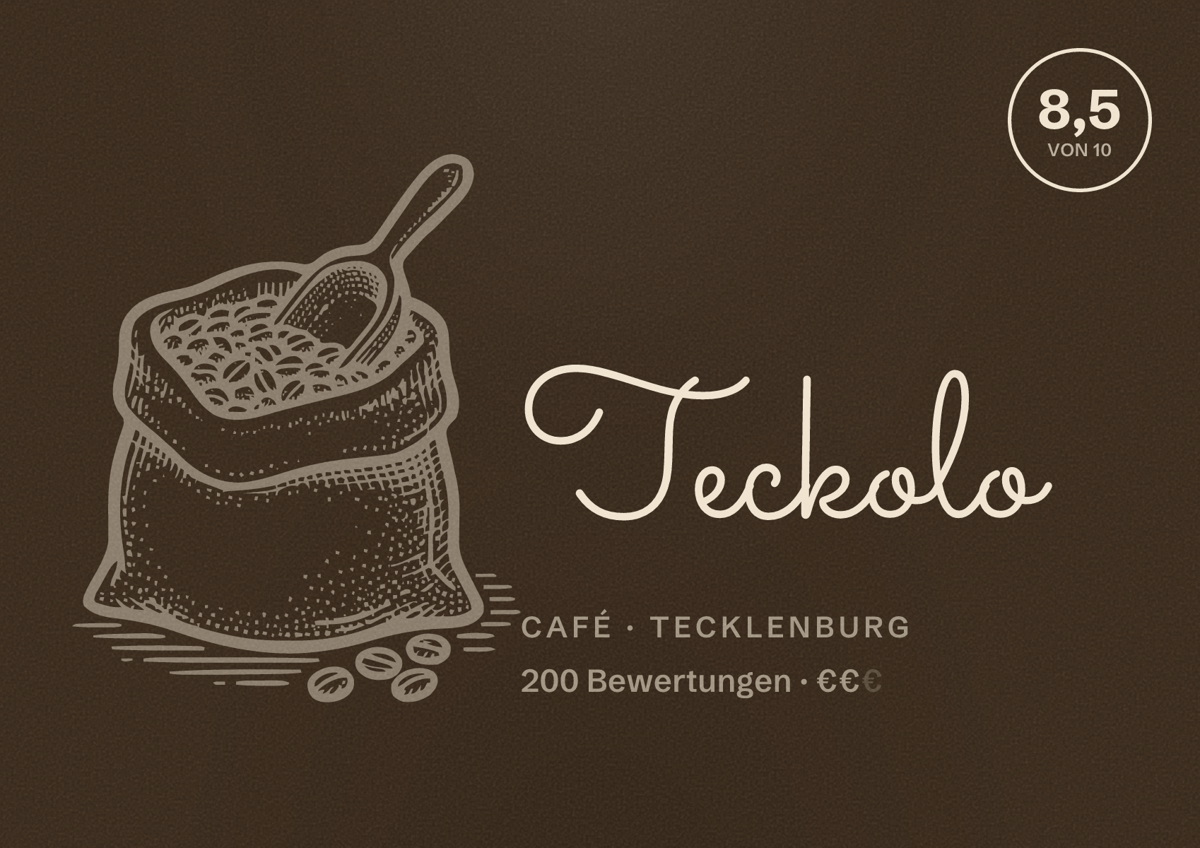 Illustriertes Poster von Teckolo, Café in Tecklenburg: Bewertung 8,5 von 10 aus 200 Bewertungen, Preisniveau €€