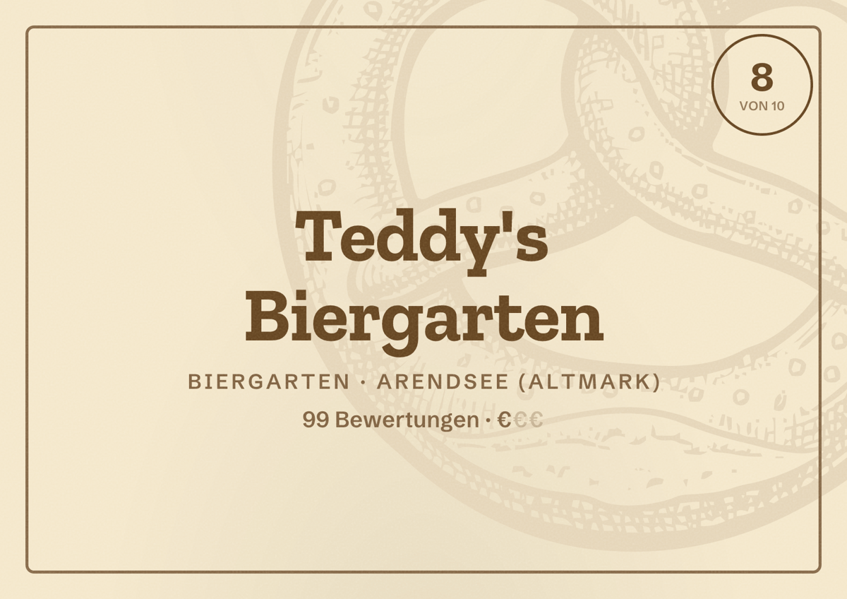 Illustriertes Poster von Teddy's Biergarten, Biergarten in Arendsee (Altmark): Bewertung 8 von 10 aus 99 Bewertungen, Preisniveau €