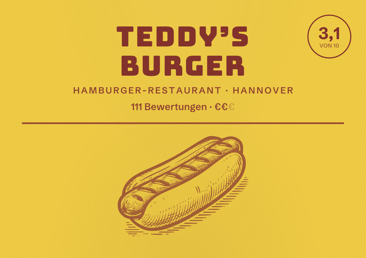 Illustriertes Poster von Teddy’s burger, Hamburger-Restaurant in Hannover: Bewertung 3,1 von 10 aus 111 Bewertungen, Preisniveau €€