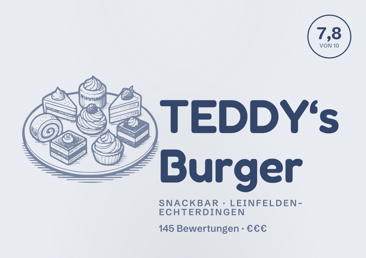Illustriertes Poster von TEDDY‘s Burger, Snackbar in Leinfelden-Echterdingen: Bewertung 7,8 von 10 aus 145 Bewertungen, Preisniveau €€€