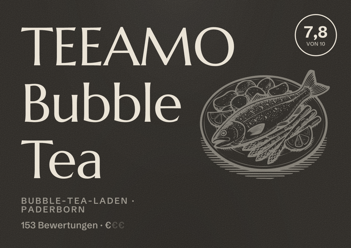 Illustriertes Poster von TEEAMO Bubble Tea, Bubble-Tea-Laden in Paderborn: Bewertung 7,8 von 10 aus 153 Bewertungen, Preisniveau €