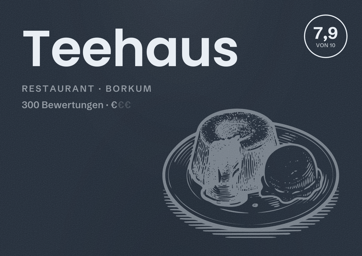 Illustriertes Poster von Teehaus, Restaurant in Borkum: Bewertung 7,9 von 10 aus 300 Bewertungen, Preisniveau €