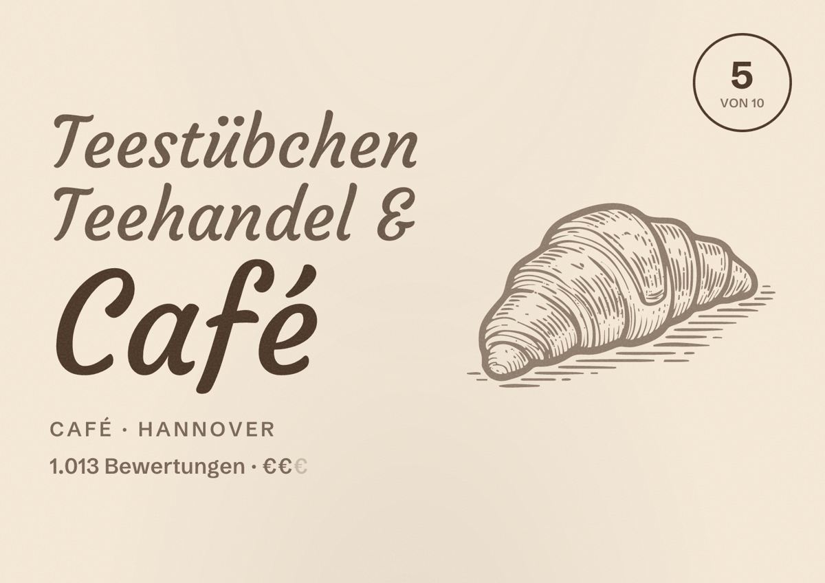 Illustriertes Poster von Teestübchen Teehandel & Café, Café in Hannover: Bewertung 5,0 von 10 aus 1.013 Bewertungen, Preisniveau €€