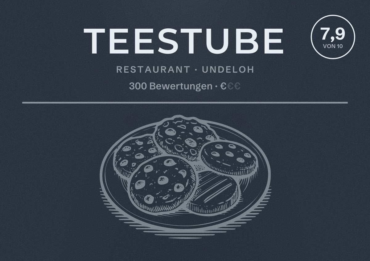 Illustriertes Poster von Teestube, Restaurant in Undeloh: Bewertung 7,9 von 10 aus 300 Bewertungen, Preisniveau €