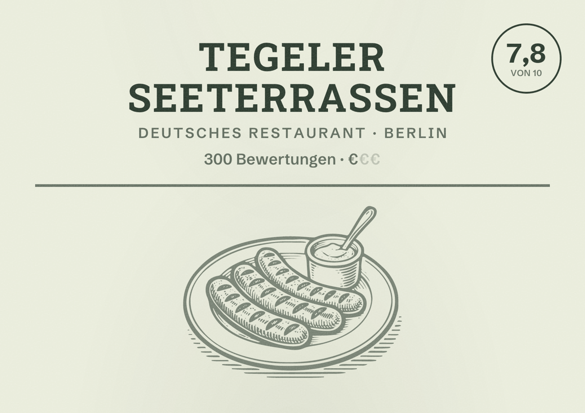 Illustriertes Poster von Tegeler Seeterrassen, Deutsches Restaurant in Berlin: Bewertung 7,8 von 10 aus 300 Bewertungen, Preisniveau €