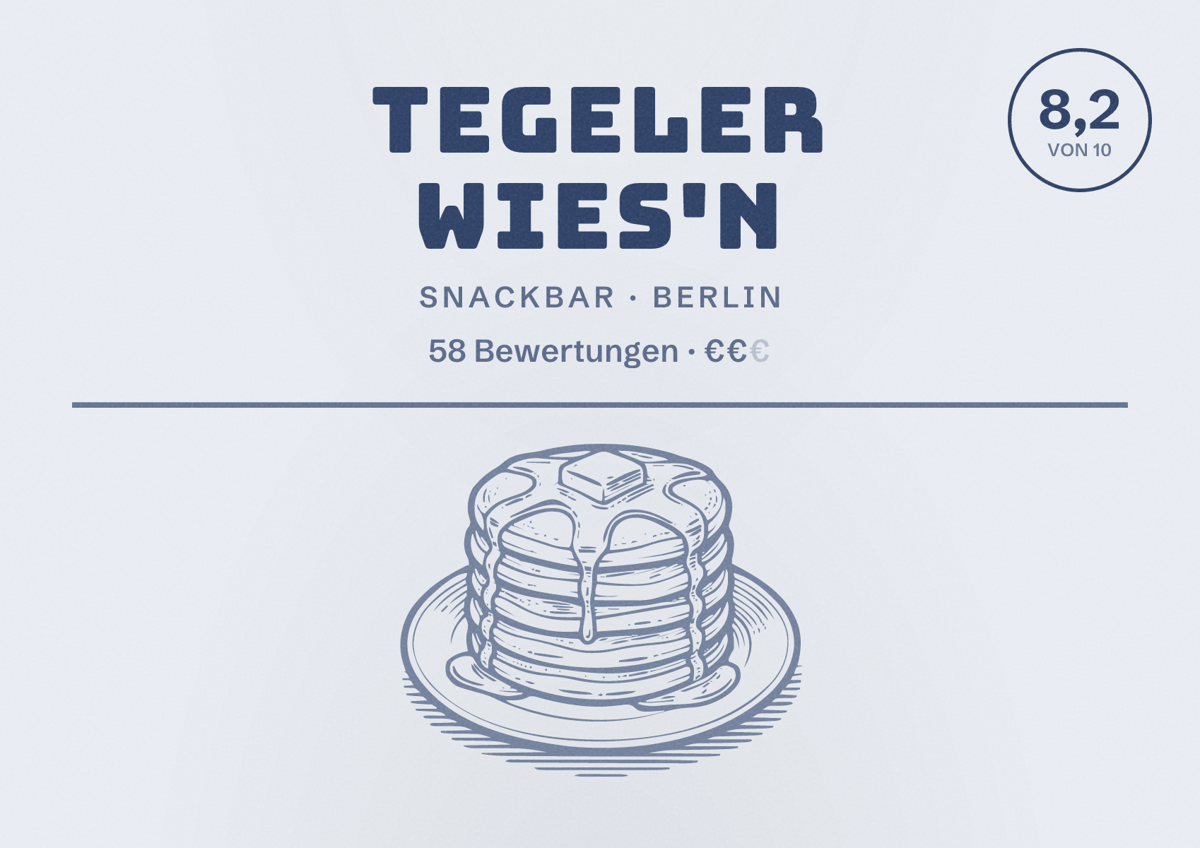 Illustriertes Poster von Tegeler Wies'n, Snackbar in Berlin: Bewertung 8,2 von 10 aus 58 Bewertungen, Preisniveau €€