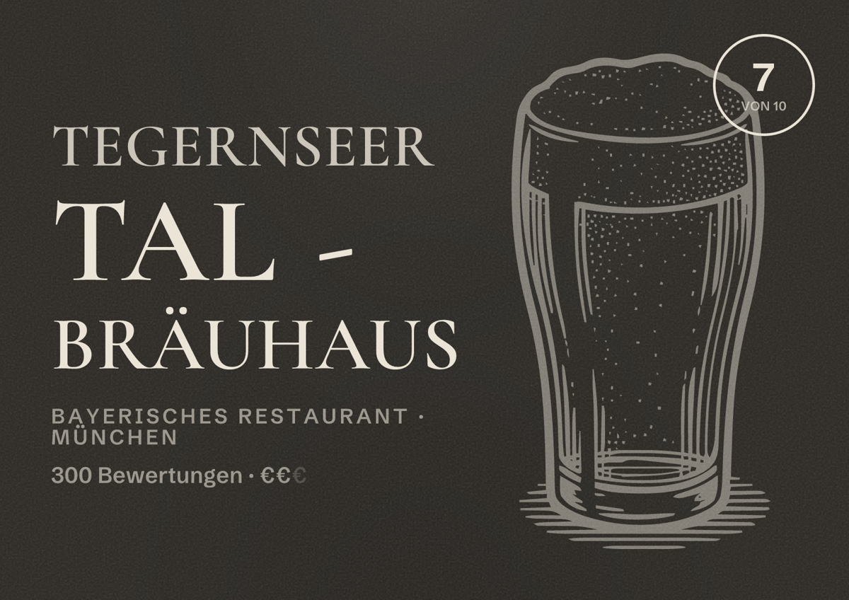 Illustriertes Poster von Tegernseer Tal - Bräuhaus, Bayerisches Restaurant in München: Bewertung 7,0 von 10 aus 300 Bewertungen, Preisniveau €€