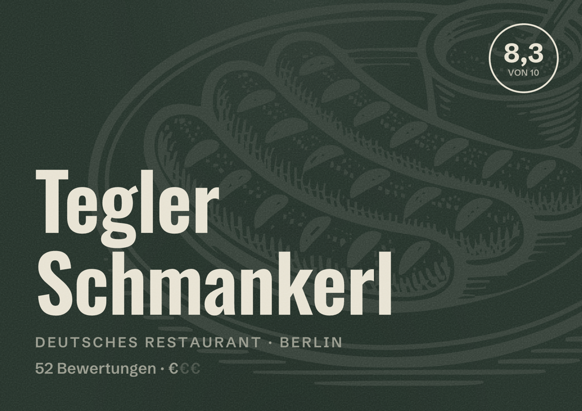 Illustriertes Poster von Tegler Schmankerl, Deutsches Restaurant in Berlin: Bewertung 8,3 von 10 aus 52 Bewertungen, Preisniveau €