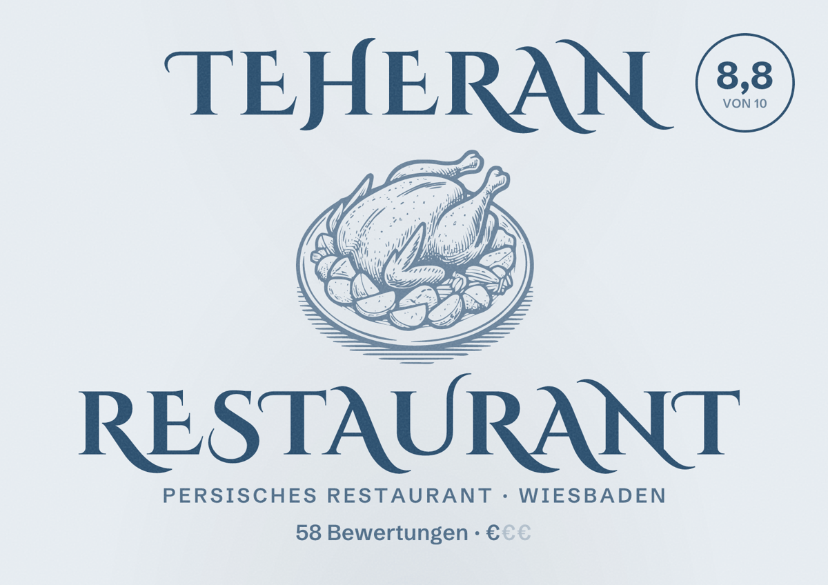 Illustriertes Poster von Teheran Restaurant, Persisches Restaurant in Wiesbaden: Bewertung 8,8 von 10 aus 58 Bewertungen, Preisniveau €