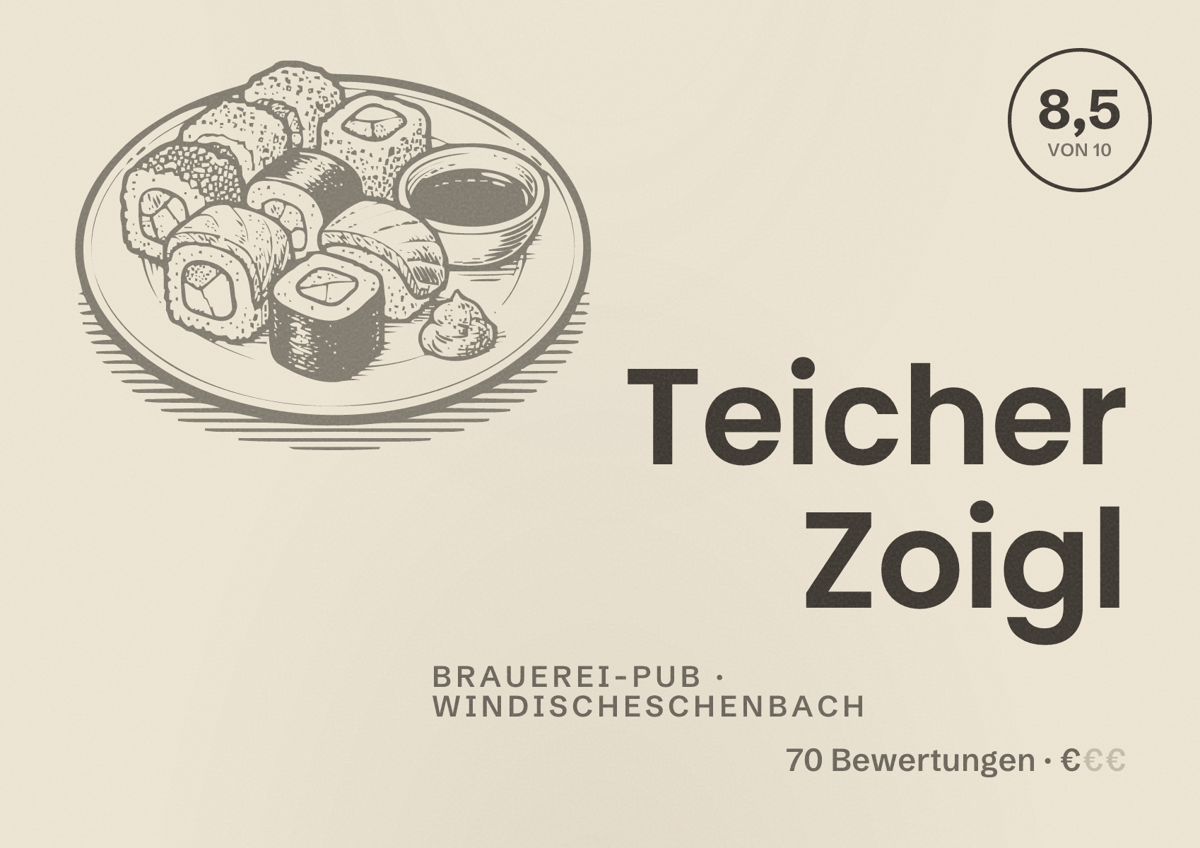 Illustriertes Poster von Teicher Zoigl, Brauerei-Pub in Windischeschenbach: Bewertung 8,5 von 10 aus 70 Bewertungen, Preisniveau €