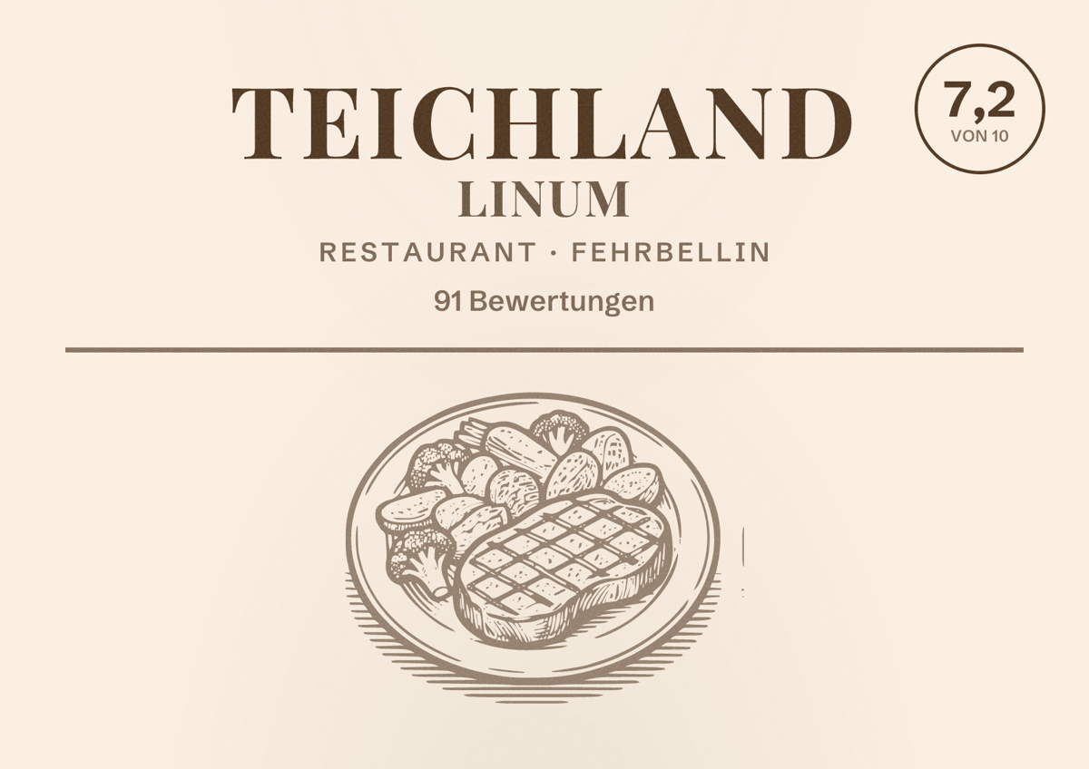 Illustriertes Poster von Teichland Linum, Restaurant in Fehrbellin: Bewertung 7,2 von 10 aus 91 Bewertungen