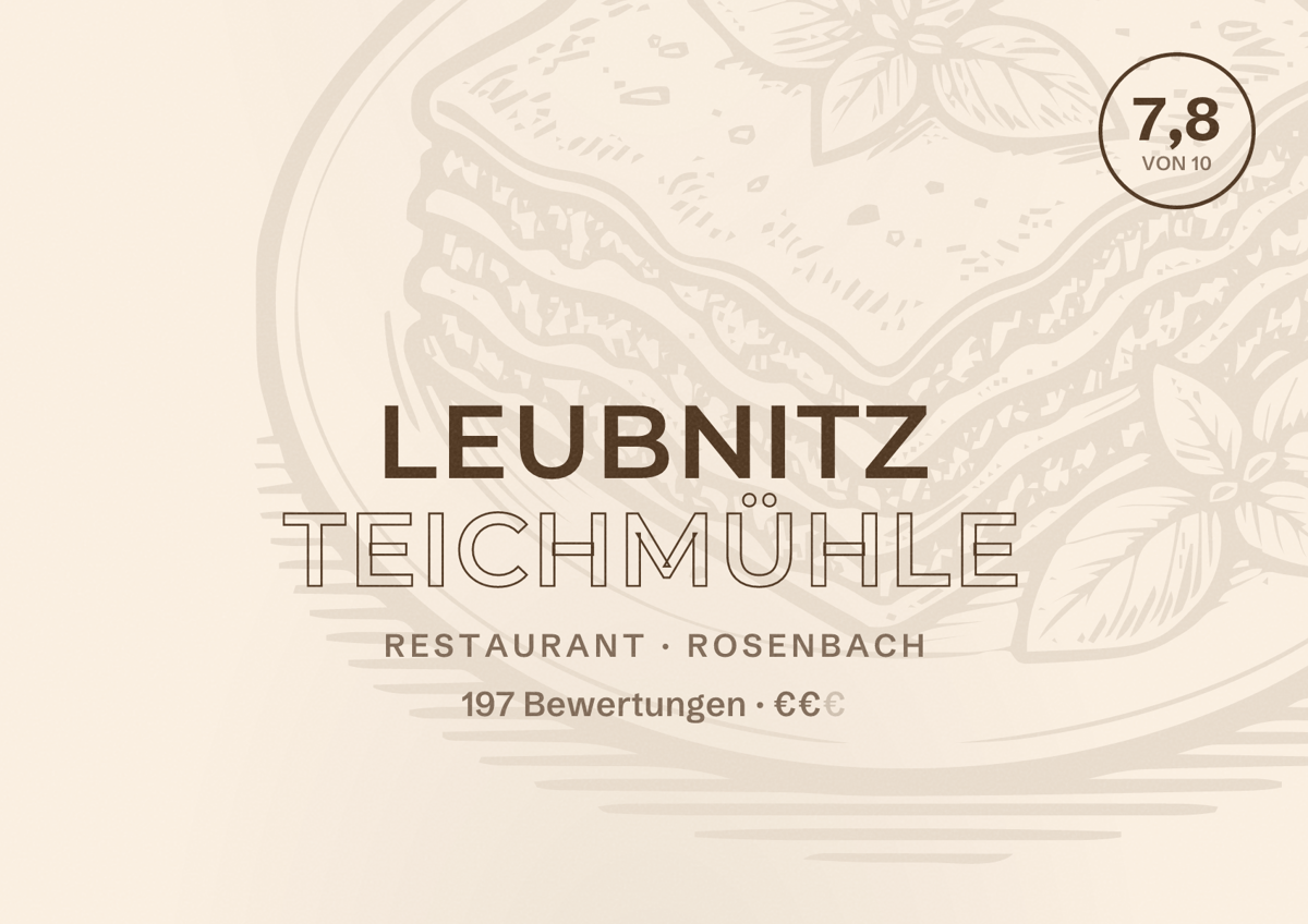 Illustriertes Poster von Leubnitz Teichmühle, Restaurant in Rosenbach: Bewertung 7,8 von 10 aus 197 Bewertungen, Preisniveau €€
