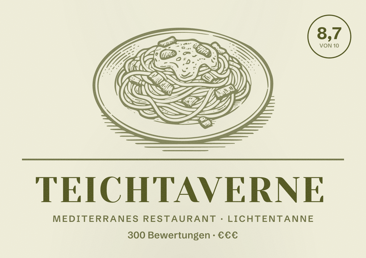 Illustriertes Poster von Teichtaverne, Mediterranes Restaurant in Lichtentanne: Bewertung 8,7 von 10 aus 300 Bewertungen, Preisniveau €€€