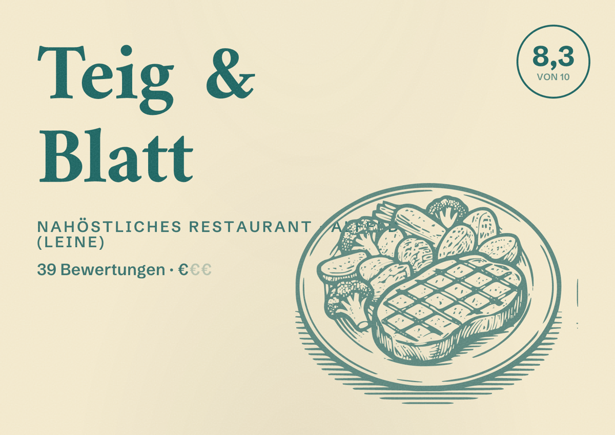 Illustriertes Poster von Teig & Blatt, Nahöstliches Restaurant in Alfeld (Leine): Bewertung 8,3 von 10 aus 39 Bewertungen, Preisniveau €