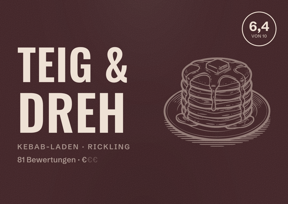 Illustriertes Poster von Teig & Dreh, Kebab-Laden in Rickling: Bewertung 6,4 von 10 aus 81 Bewertungen, Preisniveau €