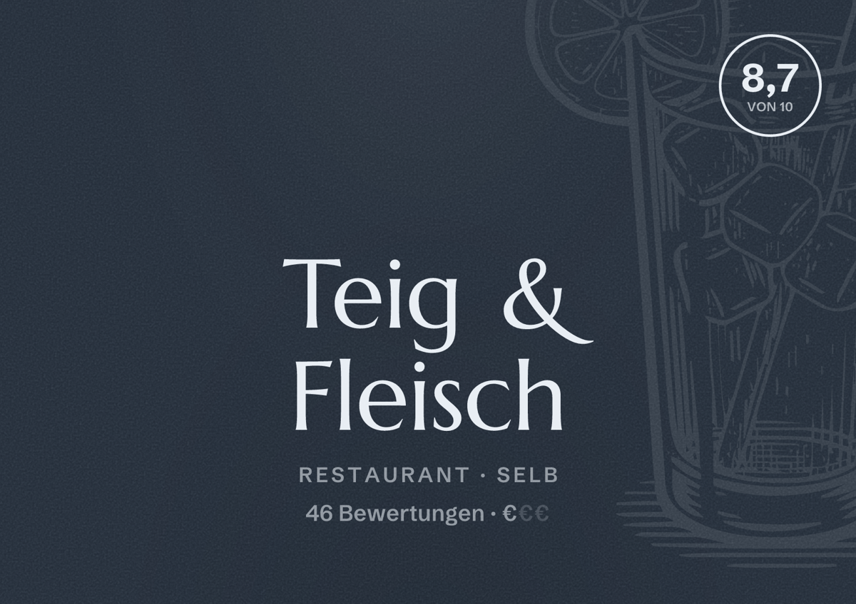 Illustriertes Poster von Teig & Fleisch, Restaurant in Selb: Bewertung 8,7 von 10 aus 46 Bewertungen, Preisniveau €