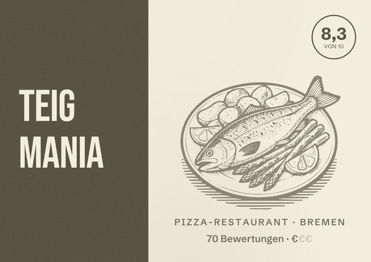 Illustriertes Poster von Teig Mania, Pizza-Restaurant in Bremen: Bewertung 8,3 von 10 aus 70 Bewertungen, Preisniveau €