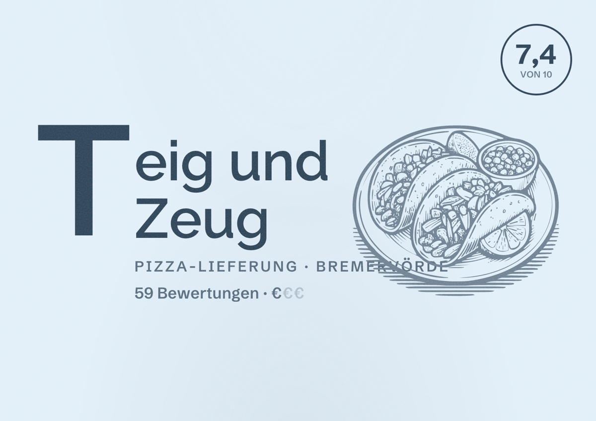 Illustriertes Poster von Teig und Zeug, Pizza-Lieferung in Bremervörde: Bewertung 7,4 von 10 aus 59 Bewertungen, Preisniveau €