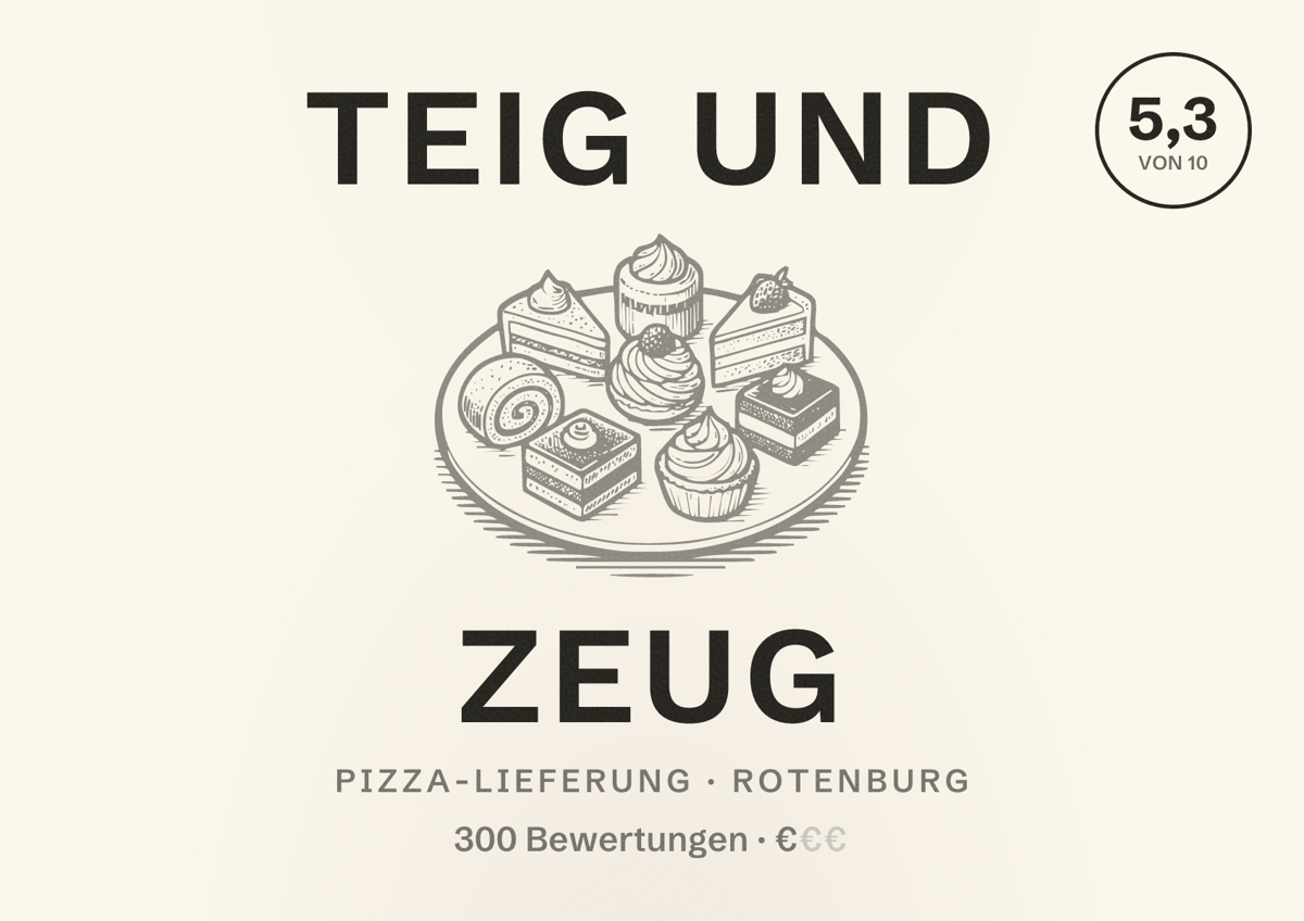 Illustriertes Poster von Teig und Zeug, Pizza-Lieferung in Rotenburg: Bewertung 5,3 von 10 aus 300 Bewertungen, Preisniveau €