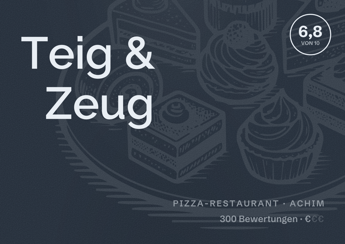 Illustriertes Poster von Teig & Zeug, Pizza-Restaurant in Achim: Bewertung 6,8 von 10 aus 300 Bewertungen, Preisniveau €