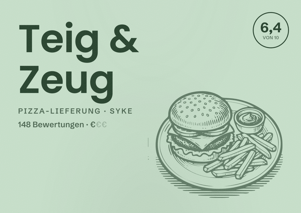 Illustriertes Poster von Teig & Zeug, Pizza-Lieferung in Syke: Bewertung 6,4 von 10 aus 148 Bewertungen, Preisniveau €
