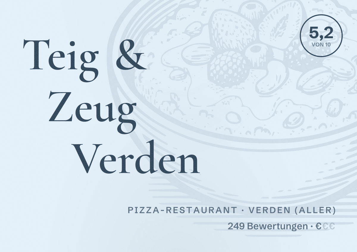 Illustriertes Poster von Teig & Zeug Verden, Pizza-Restaurant in Verden (Aller): Bewertung 5,2 von 10 aus 249 Bewertungen, Preisniveau €