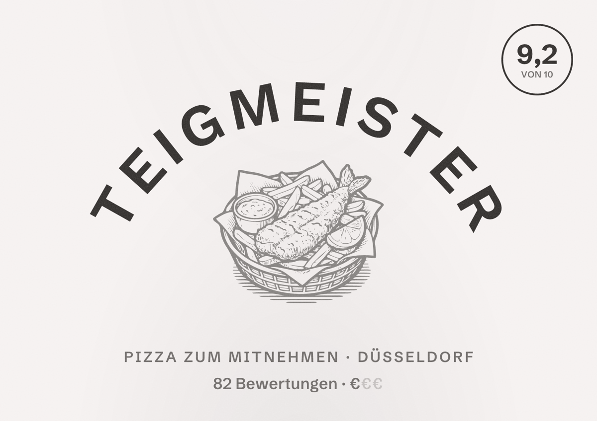 Illustriertes Poster von Teigmeister, Pizza zum Mitnehmen in Düsseldorf: Bewertung 9,2 von 10 aus 82 Bewertungen, Preisniveau €