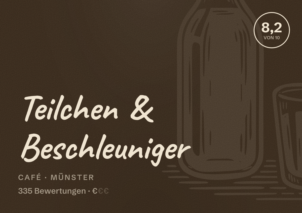 Illustriertes Poster von Teilchen & Beschleuniger, Café in Münster: Bewertung 8,2 von 10 aus 335 Bewertungen, Preisniveau €