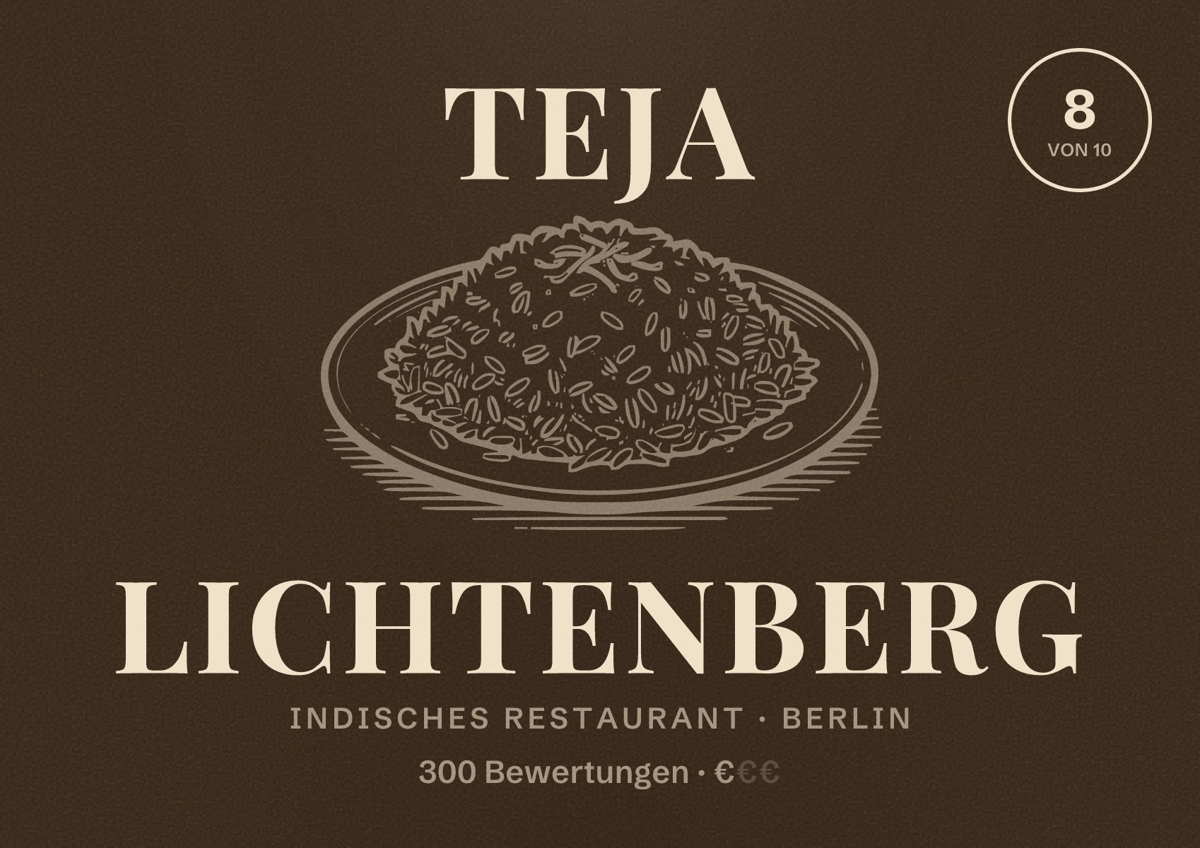 Illustriertes Poster von Teja Lichtenberg, Indisches Restaurant in Berlin: Bewertung 8,0 von 10 aus 300 Bewertungen, Preisniveau €