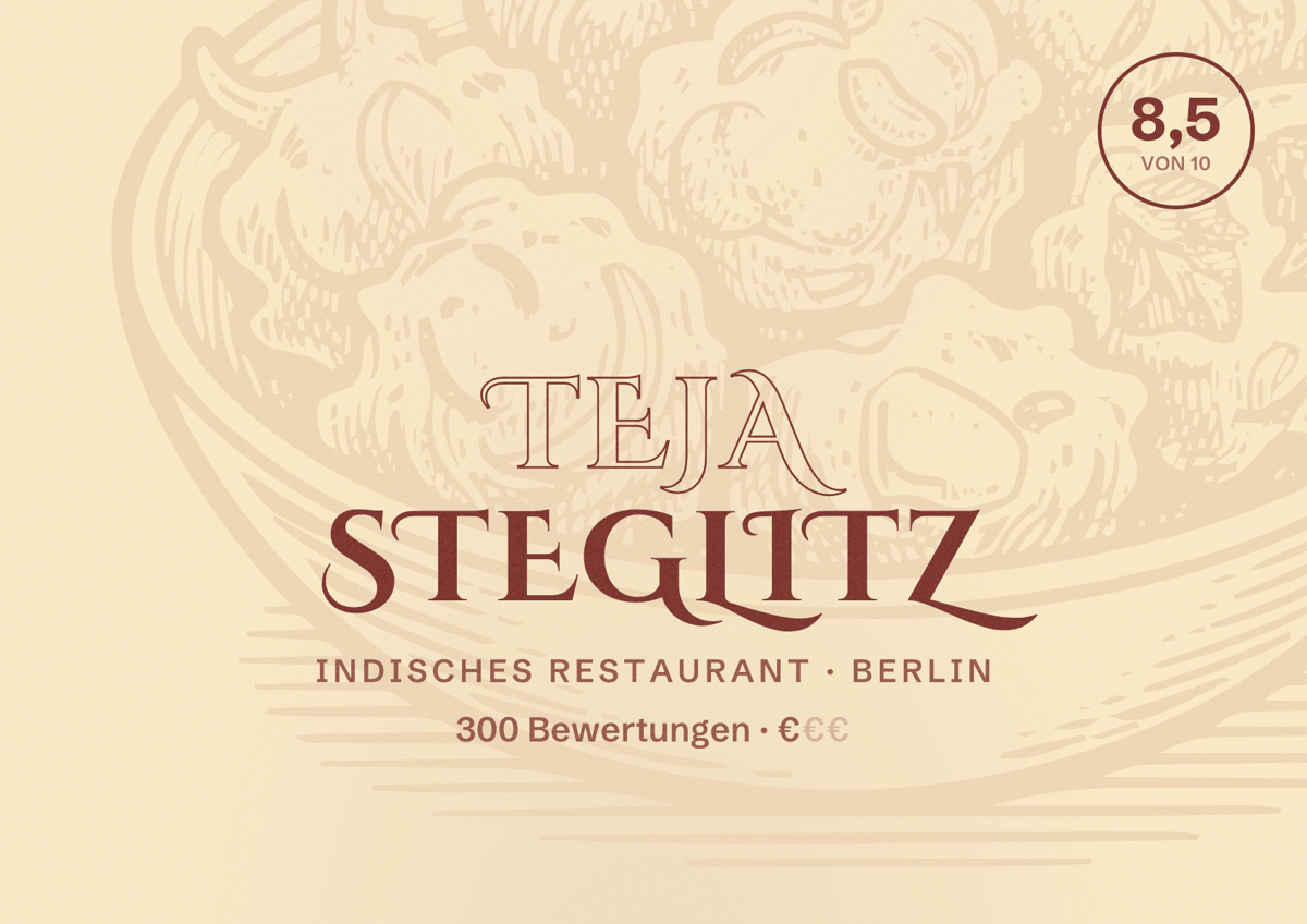 Illustriertes Poster von Teja Steglitz, Indisches Restaurant in Berlin: Bewertung 8,5 von 10 aus 300 Bewertungen, Preisniveau €