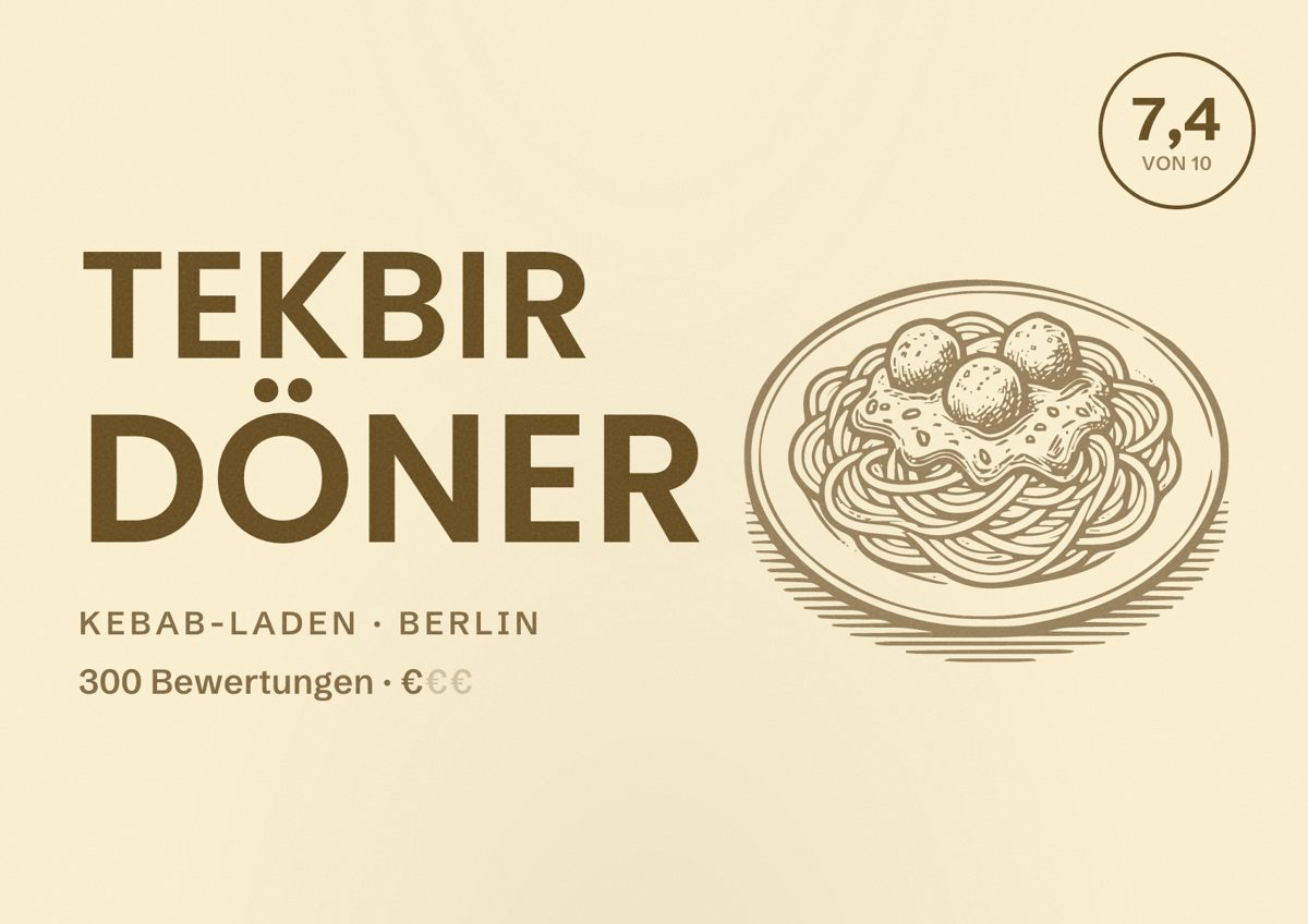 Illustriertes Poster von Tekbir Döner, Kebab-Laden in Berlin: Bewertung 7,4 von 10 aus 300 Bewertungen, Preisniveau €