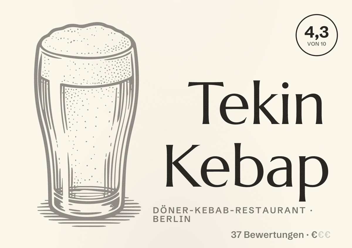 Illustriertes Poster von Tekin Kebap, Döner-Kebab-Restaurant in Berlin: Bewertung 4,3 von 10 aus 37 Bewertungen, Preisniveau €