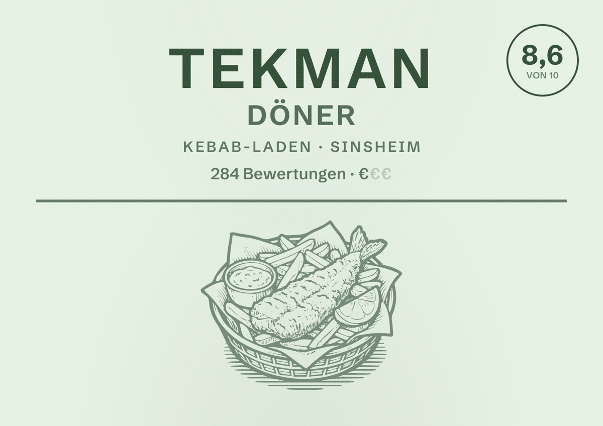 Illustriertes Poster von Tekman Döner, Kebab-Laden in Sinsheim: Bewertung 8,6 von 10 aus 284 Bewertungen, Preisniveau €
