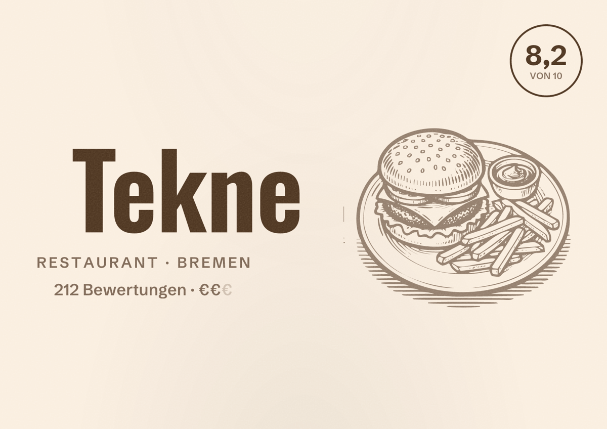 Illustriertes Poster von Tekne, Restaurant in Bremen: Bewertung 8,2 von 10 aus 212 Bewertungen, Preisniveau €€