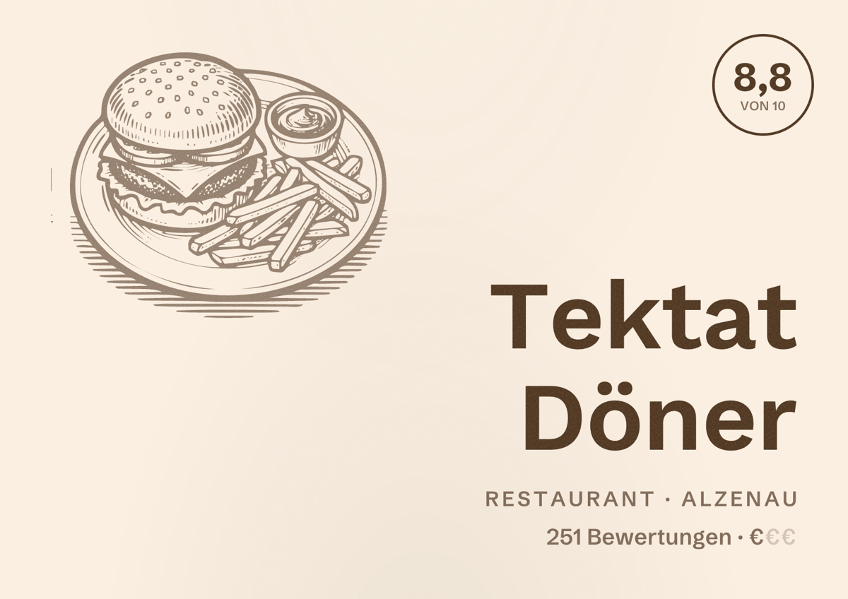 Illustriertes Poster von Tektat Döner, Restaurant in Alzenau: Bewertung 8,8 von 10 aus 251 Bewertungen, Preisniveau €