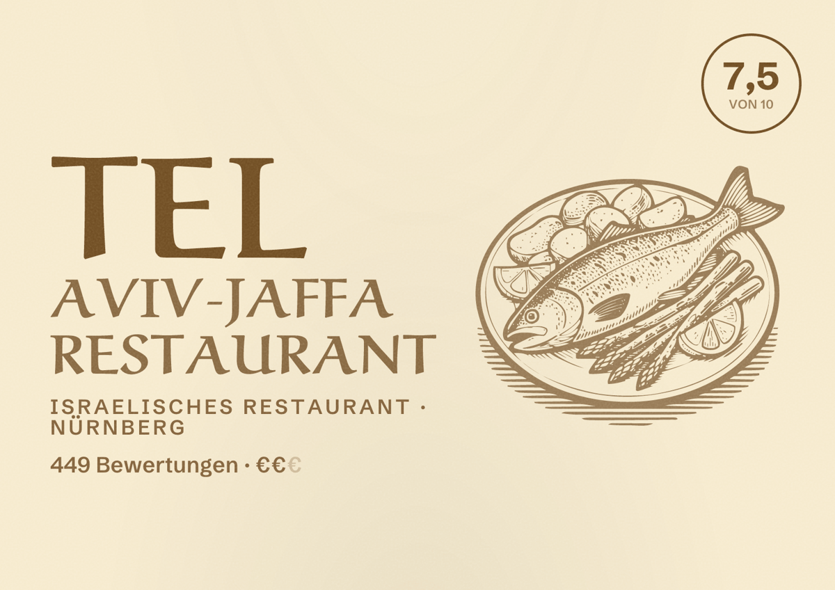 Illustriertes Poster von Tel Aviv-Jaffa Restaurant, Israelisches Restaurant in Nürnberg: Bewertung 7,5 von 10 aus 449 Bewertungen, Preisniveau €€