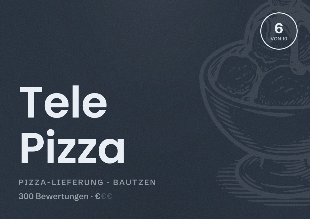 Illustriertes Poster von Tele Pizza, Pizza-Lieferung in Bautzen: Bewertung 6 von 10 aus 300 Bewertungen, Preisniveau €