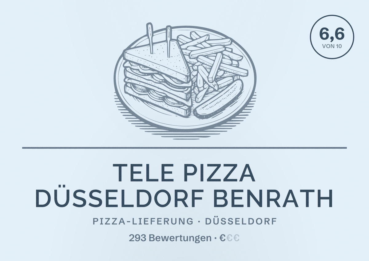 Illustriertes Poster von Tele Pizza Düsseldorf Benrath, Pizza-Lieferung in Düsseldorf: Bewertung 6,6 von 10 aus 293 Bewertungen, Preisniveau €