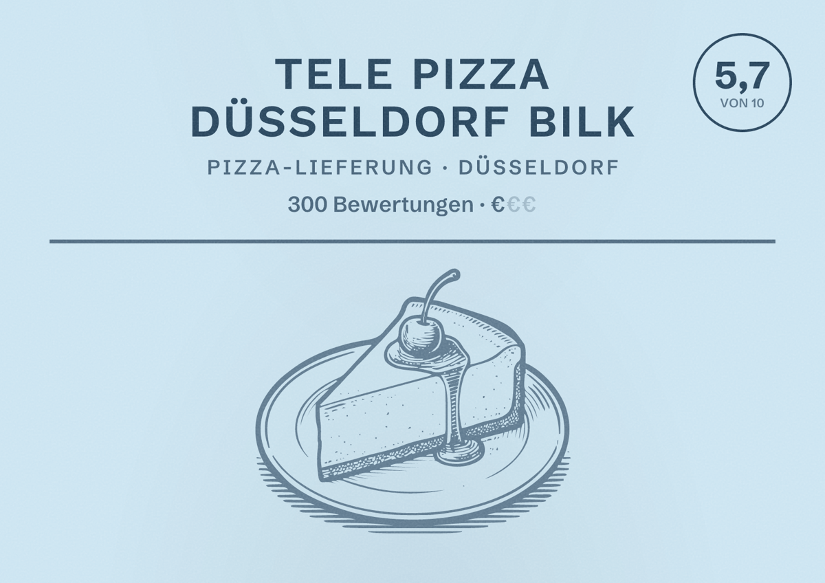 Illustriertes Poster von Tele Pizza Düsseldorf Bilk, Pizza-Lieferung in Düsseldorf: Bewertung 5,7 von 10 aus 300 Bewertungen, Preisniveau €