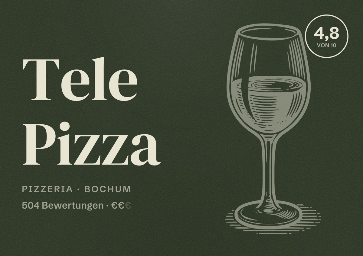 Illustriertes Poster von Tele Pizza, Pizzeria in Bochum: Bewertung 4,8 von 10 aus 504 Bewertungen, Preisniveau €€