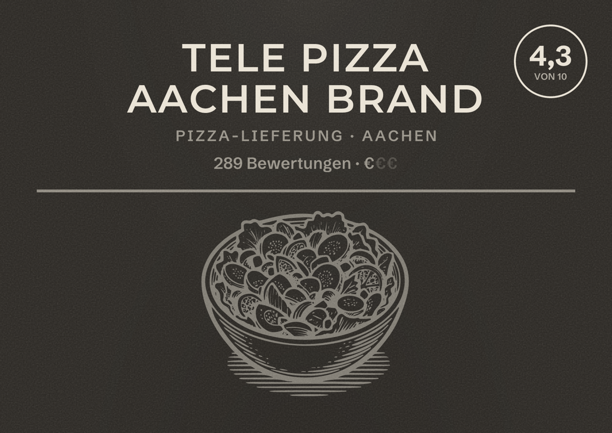 Illustriertes Poster von Tele Pizza Aachen Brand, Pizza-Lieferung in Aachen: Bewertung 4,3 von 10 aus 289 Bewertungen, Preisniveau €