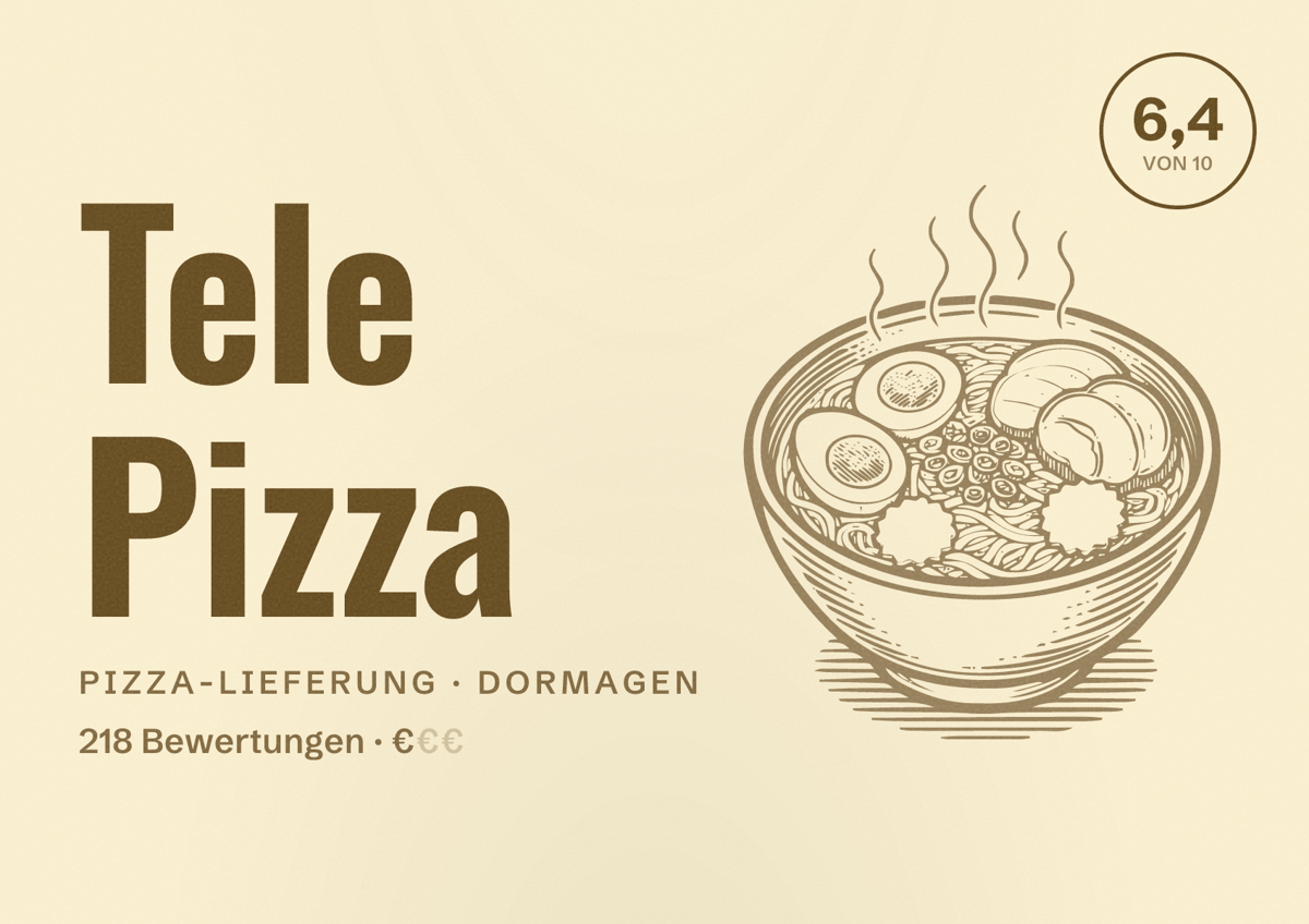 Illustriertes Poster von Tele Pizza, Pizza-Lieferung in Dormagen: Bewertung 6,4 von 10 aus 218 Bewertungen, Preisniveau €